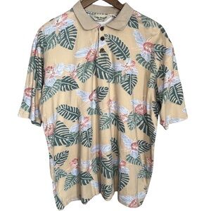 Cooke Street Honolulu 100% Cotton Large Beige Tropical Leaf Print Hawaiian Polo